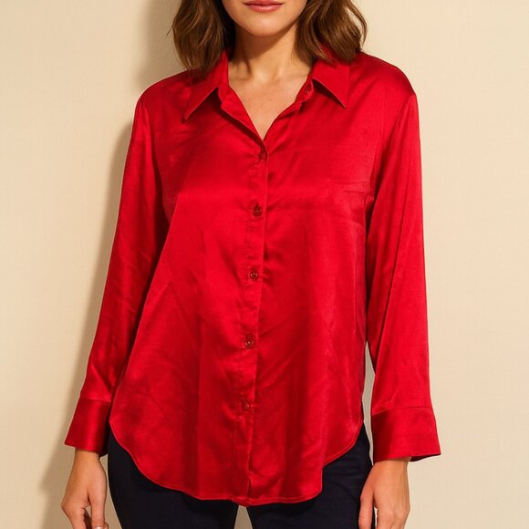 J. jill Holiday Red silk Stretch Button down shirt Womens Size X-Large - Picture 1 of 5